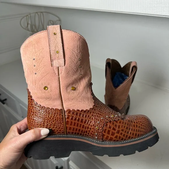 Ariat Fatbaby Boots Women’s 8B Brown Croc Embossed & Pink Leather Western Work - Picture 7 of 9